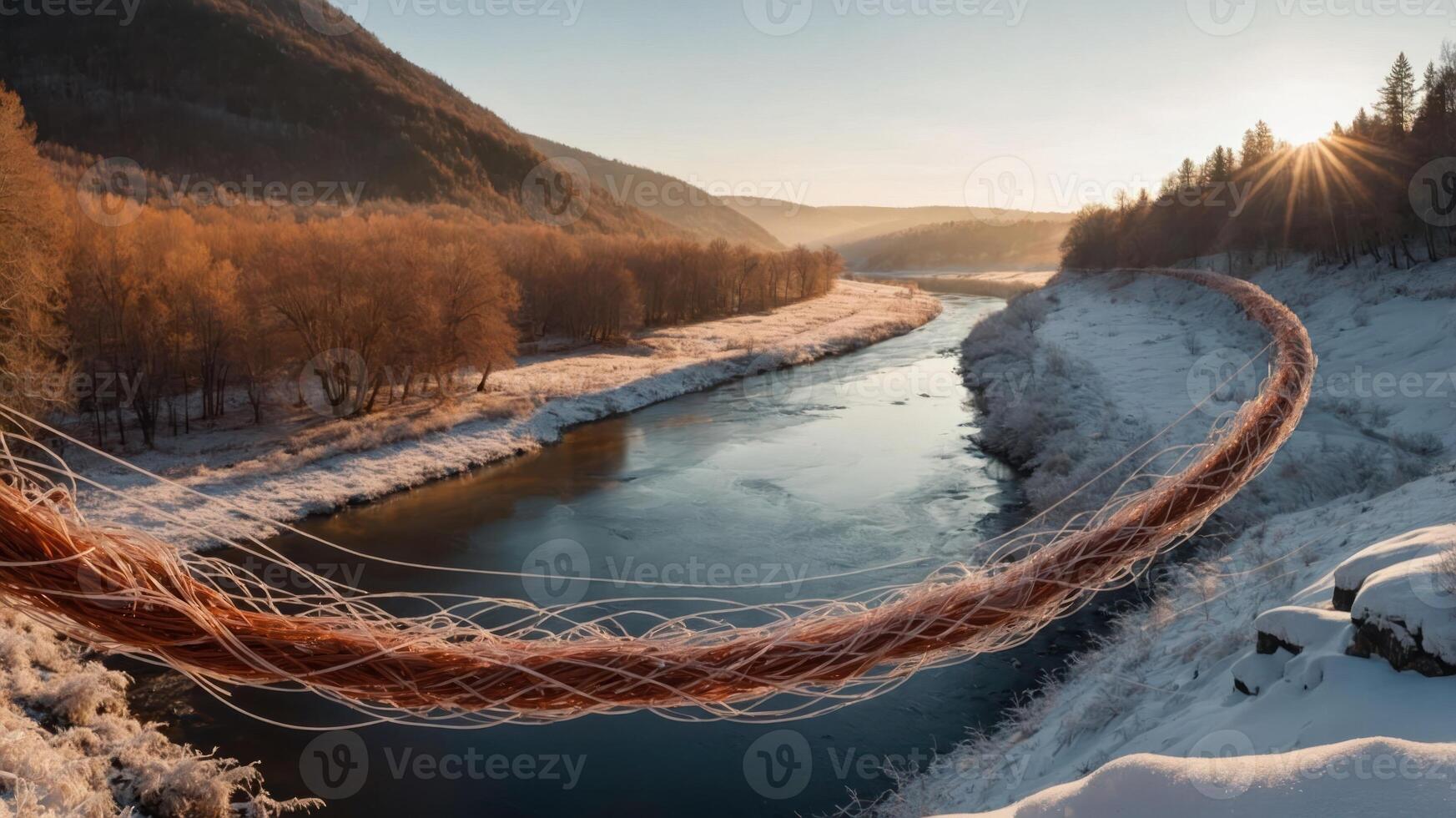 A serene winter landscape with a river and a flowing abstract line of light. photo