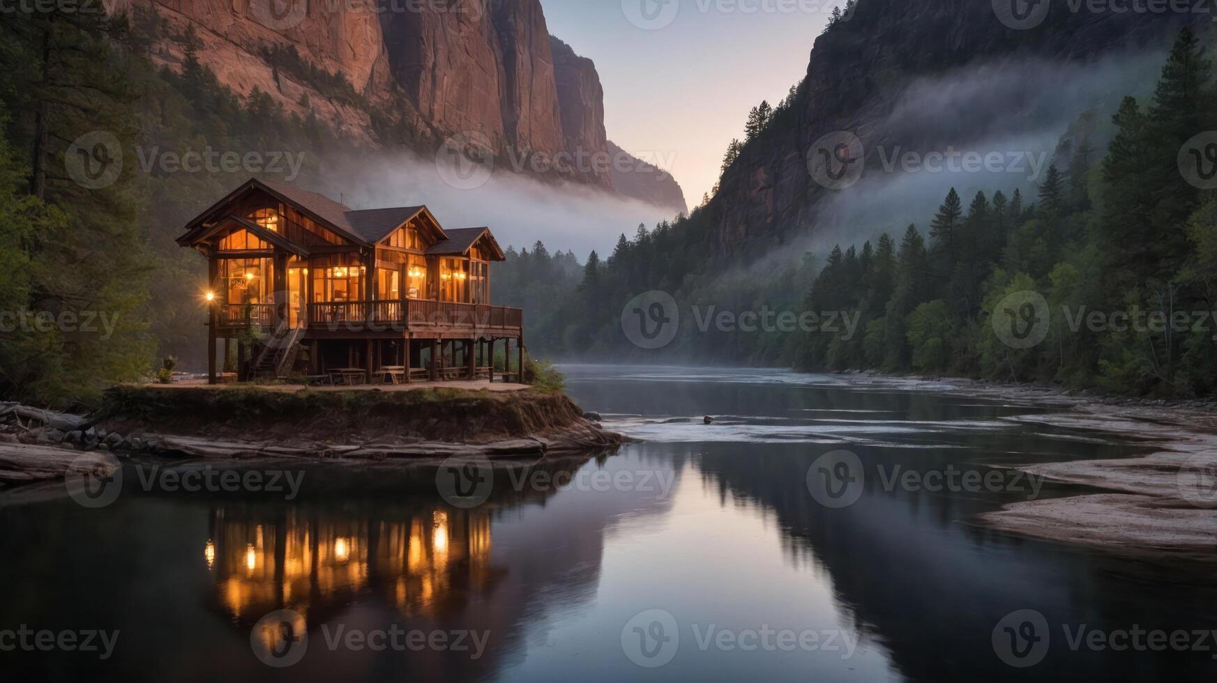 A serene lakeside cabin at dawn, reflecting in calm waters surrounded by misty mountains. photo