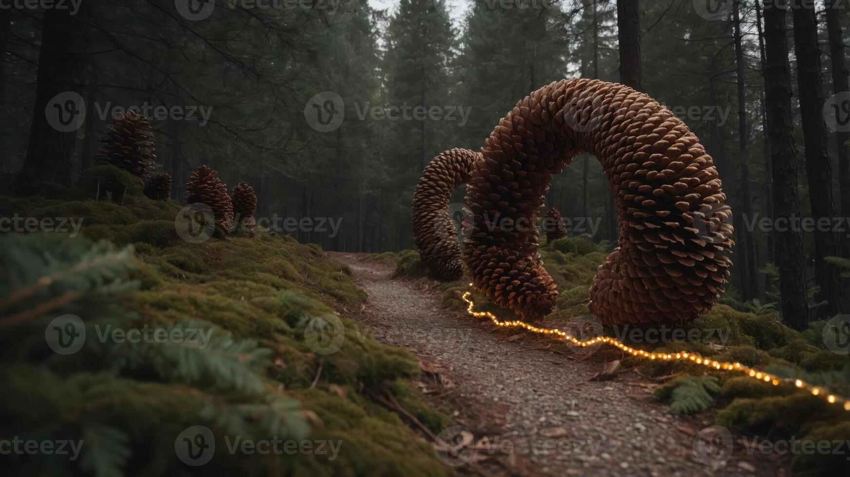 A mystical forest path featuring oversized pinecones and glowing lights. photo
