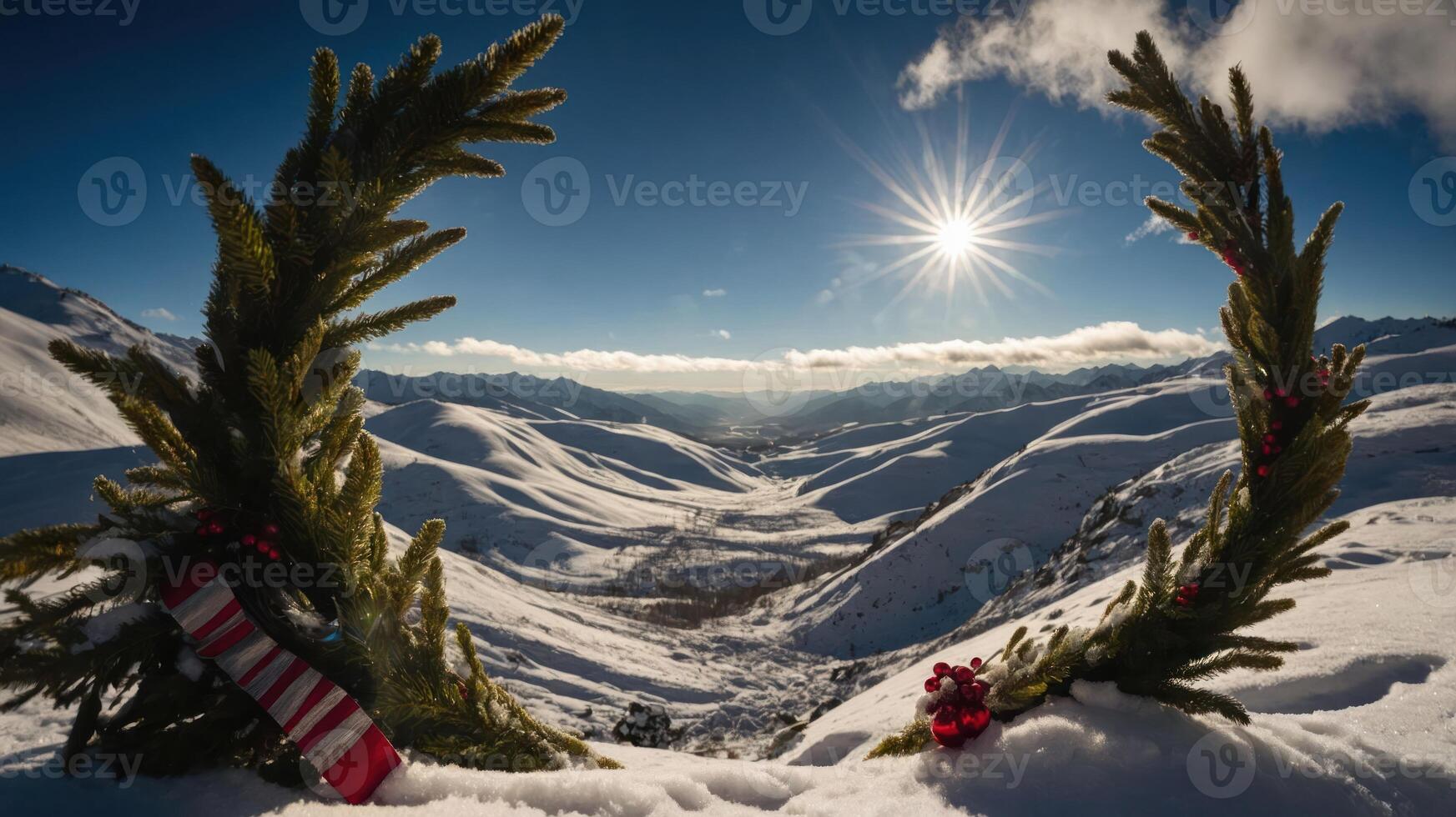 A snowy landscape framed by evergreen branches and decorations, capturing a festive atmosphere. photo