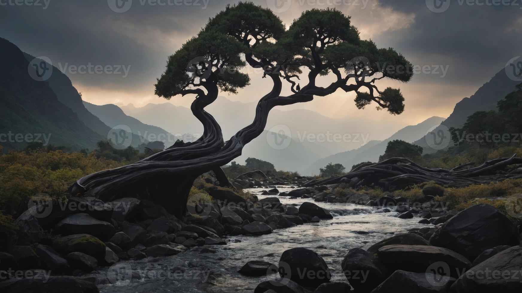 A twisted tree stands by a serene river, surrounded by mountains under a moody sky. photo