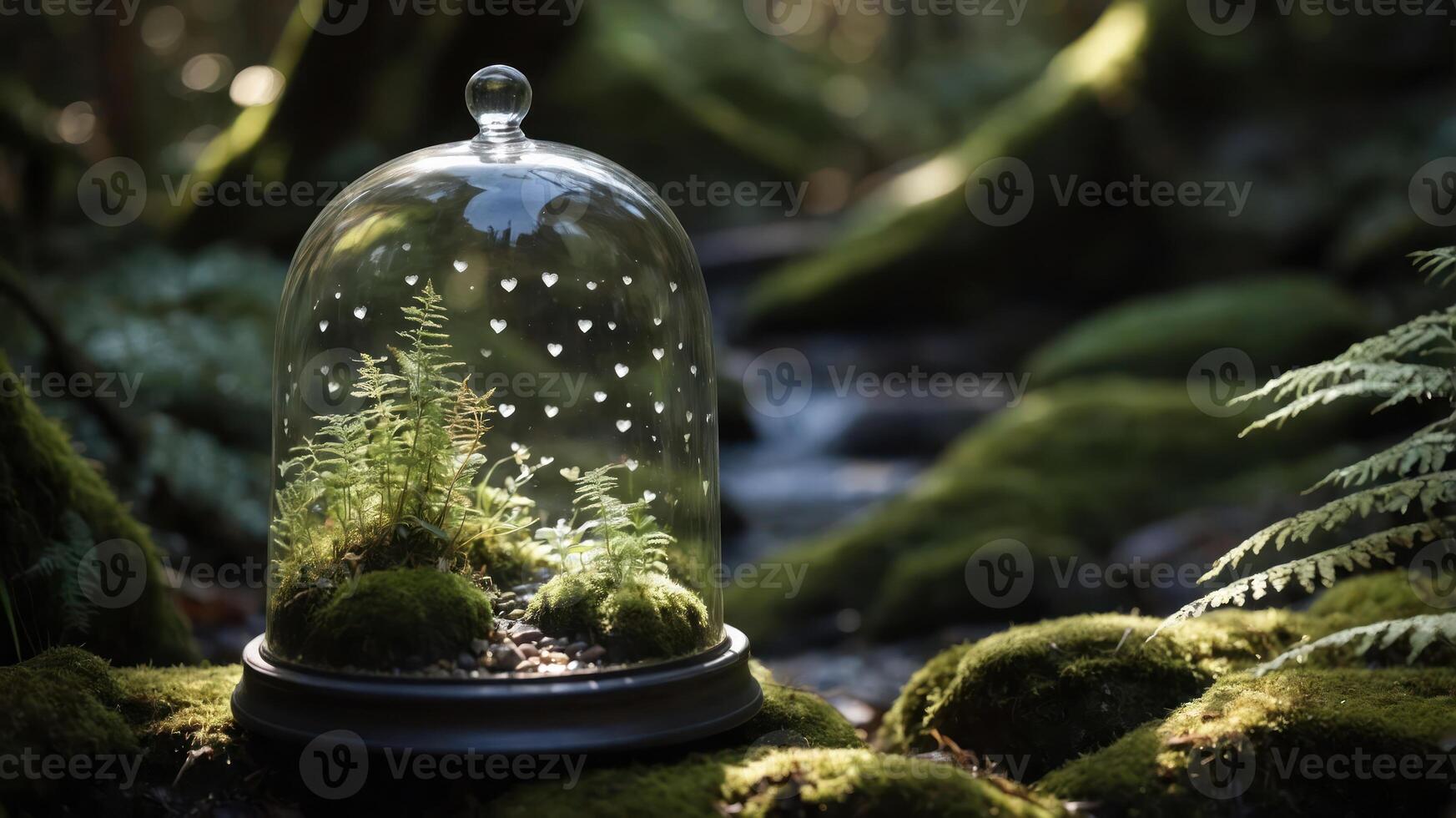 A glass dome showcasing ferns and moss, set in a serene forest environment. photo