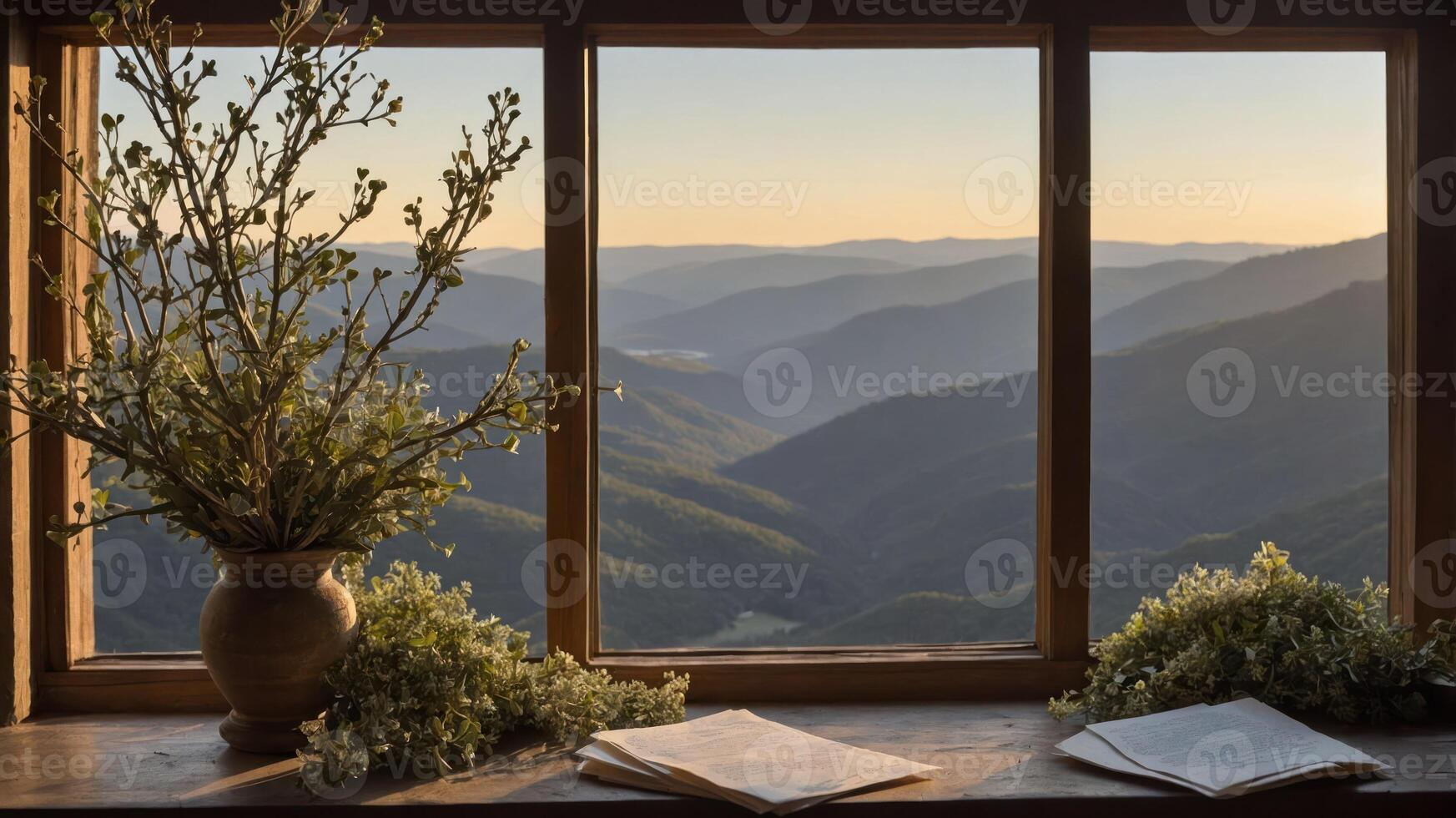 A serene mountain view framed by a rustic window with plants and books on the sill. photo