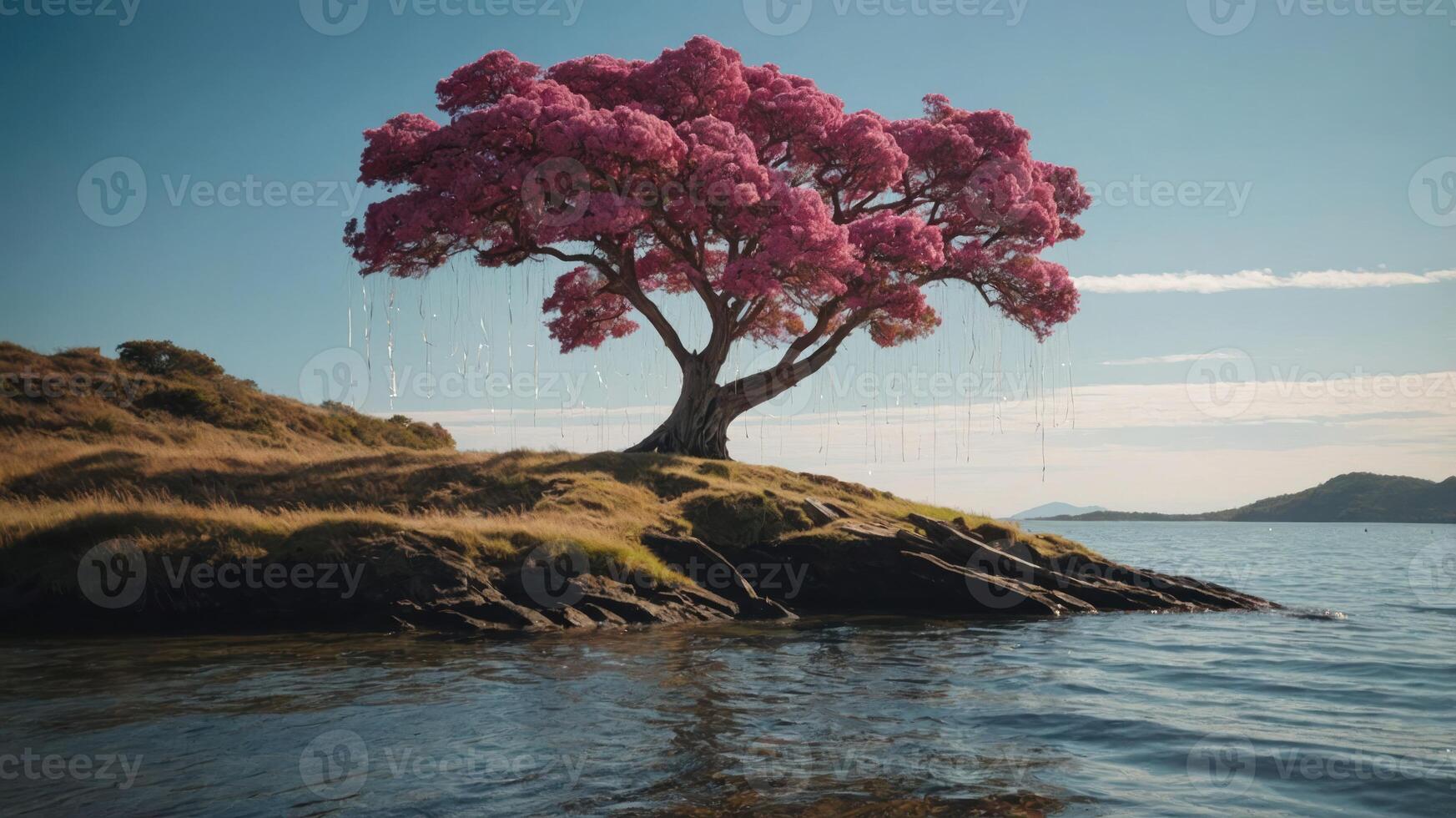 A vibrant pink tree stands on a rocky shore, surrounded by calm water and a clear sky. photo