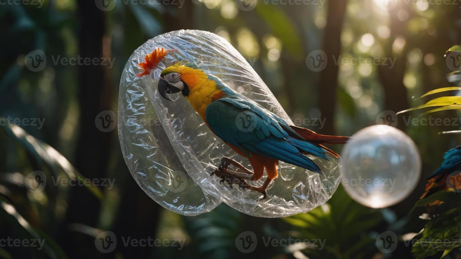 A colorful parrot appears to float in a bubble in a lush, green forest setting. photo