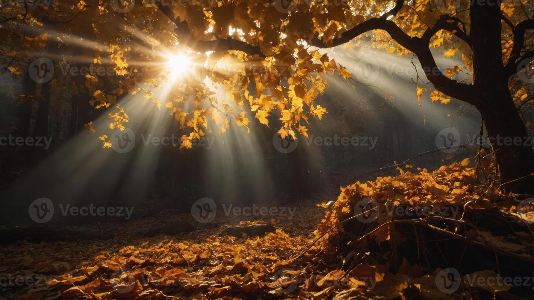 A serene forest scene with sunlight filtering through autumn leaves, creating a warm atmosphere. photo