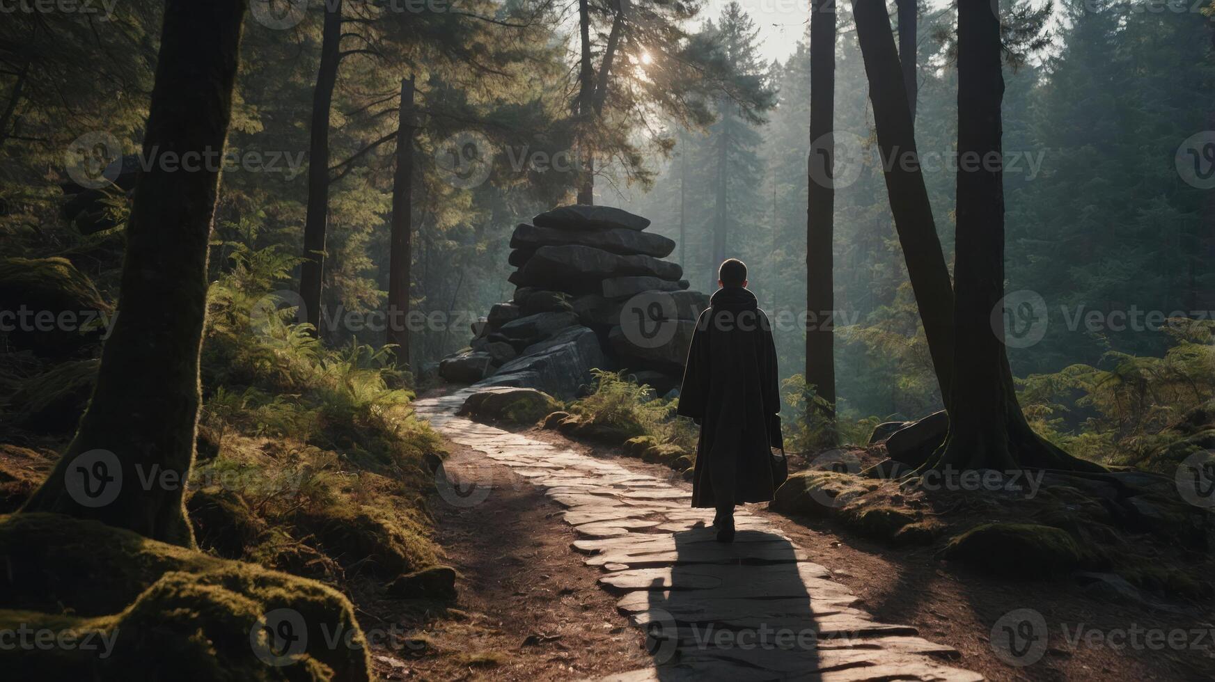 A solitary figure walks along a misty forest path, surrounded by towering trees and rocks. photo