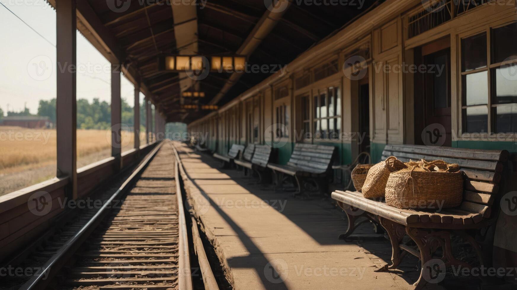 A tranquil train station platform with benches and baskets, evoking a sense of nostalgia. photo