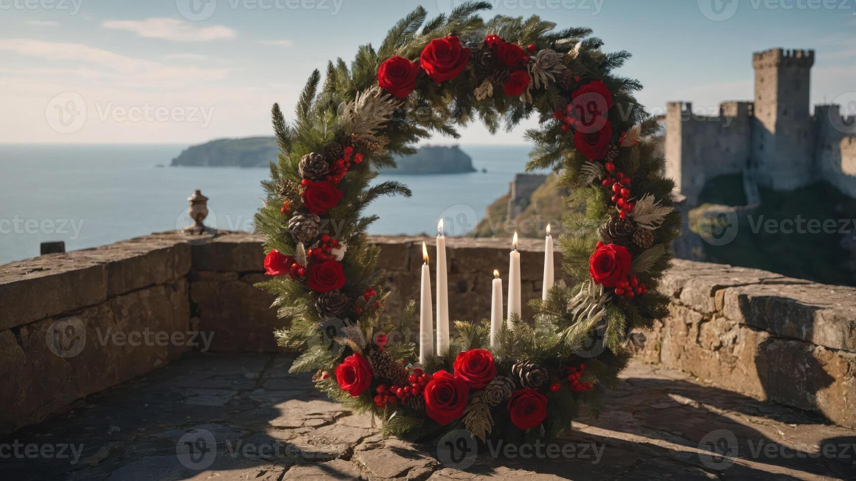 A festive wreath with red flowers and candles, set against a scenic coastal backdrop. photo