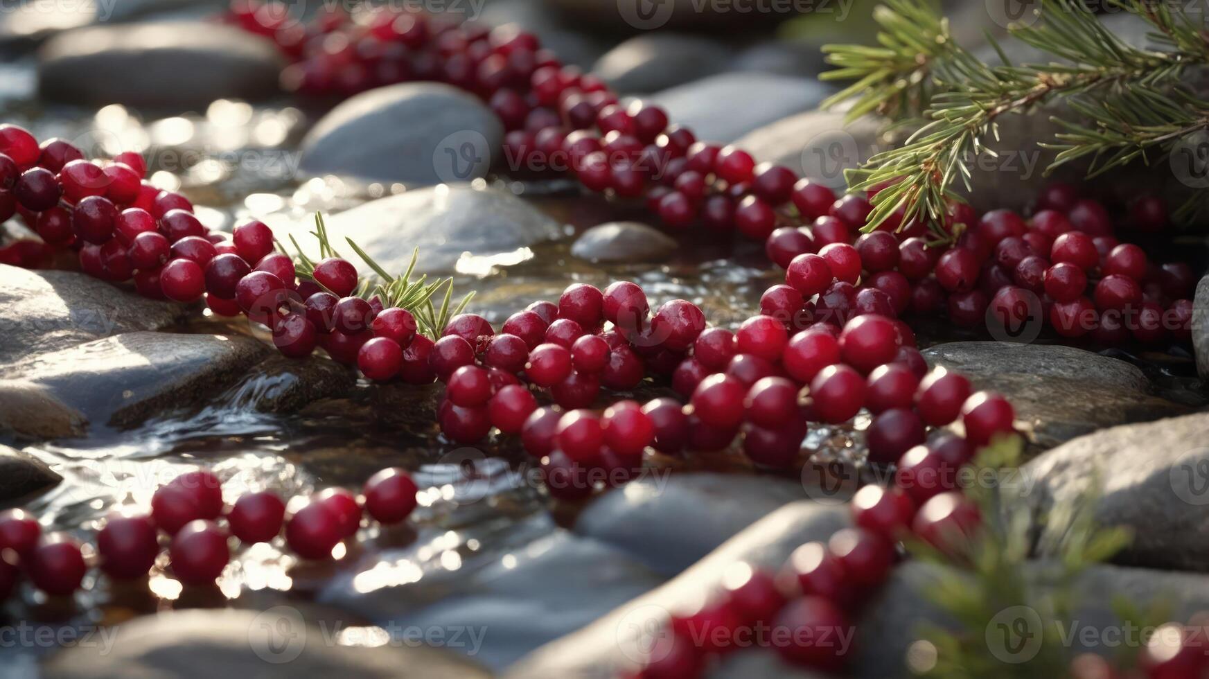 A serene arrangement of cranberries on smooth stones beside flowing water. photo