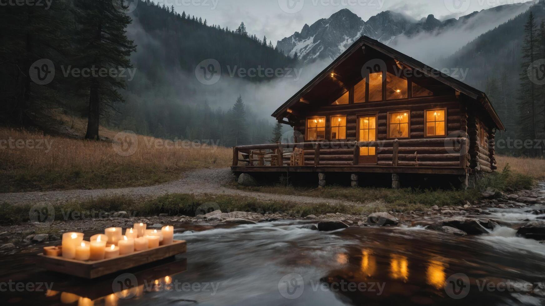 A cozy log cabin by a stream, illuminated by candles, surrounded by mountains and mist. photo