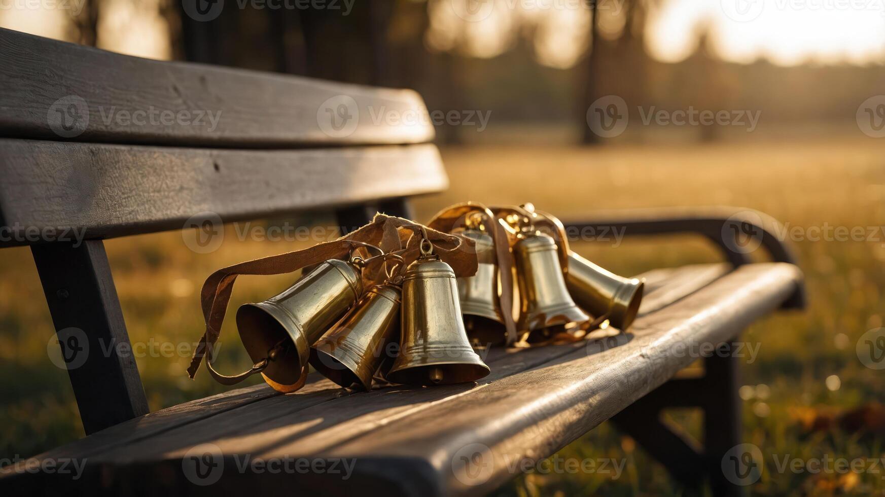A close-up of brass bells resting on a wooden bench in a serene outdoor setting. photo