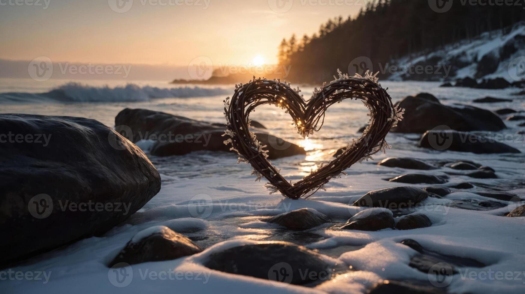 A heart-shaped decoration on snowy rocks at sunset by the ocean. photo