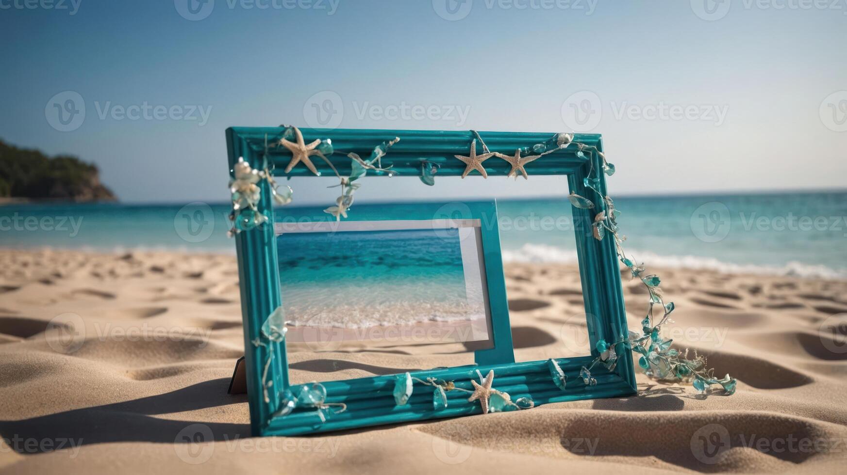 A decorative frame on a beach showcasing a serene ocean view. photo