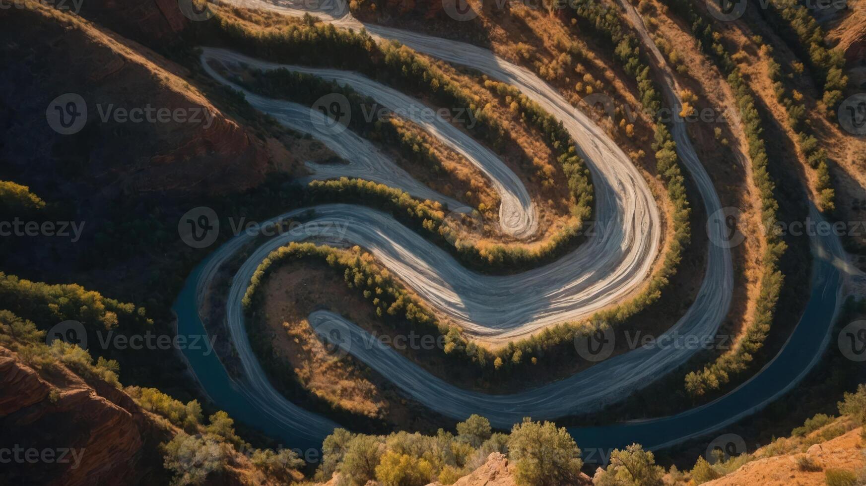 Aerial view of a winding road through a canyon landscape. photo
