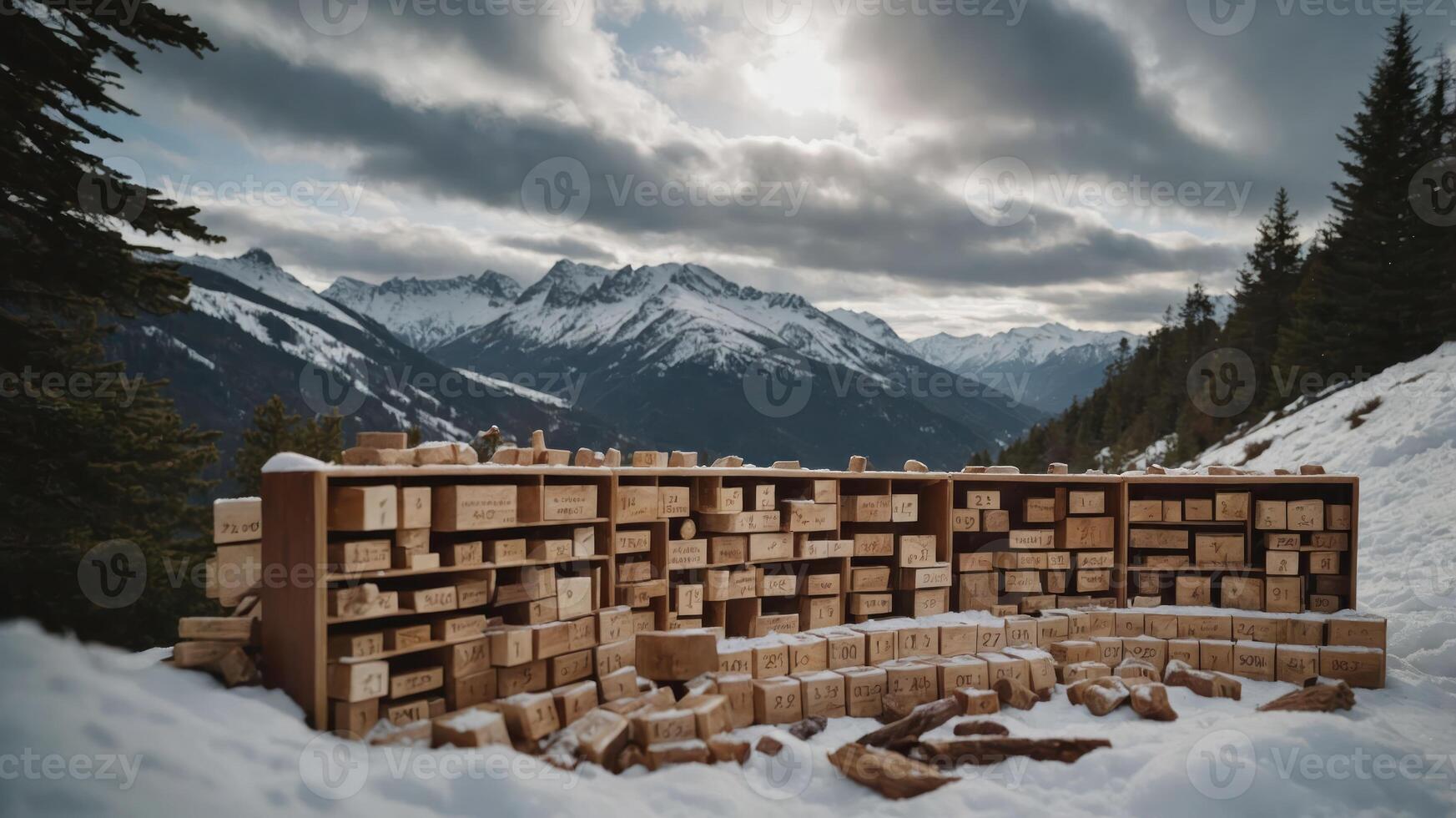 A wooden structure in a snowy landscape, surrounded by mountains and clouds. photo