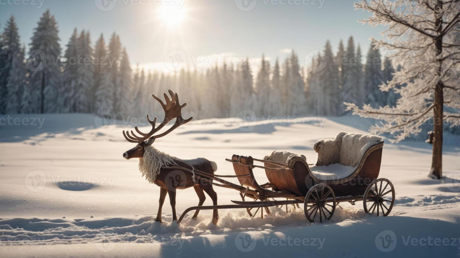 A reindeer pulls a wooden sleigh through a snowy landscape under a bright sun. photo