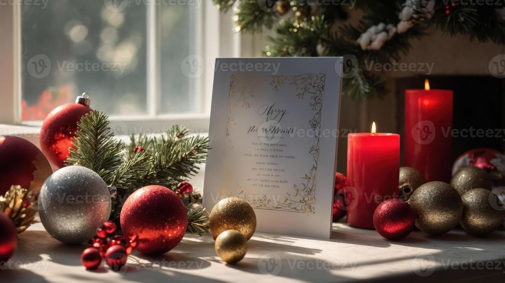 A festive arrangement featuring ornaments, candles, and a decorative card by a window. photo