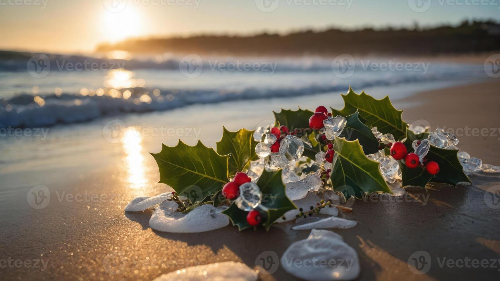A festive arrangement of holly and berries on a beach at sunset. photo