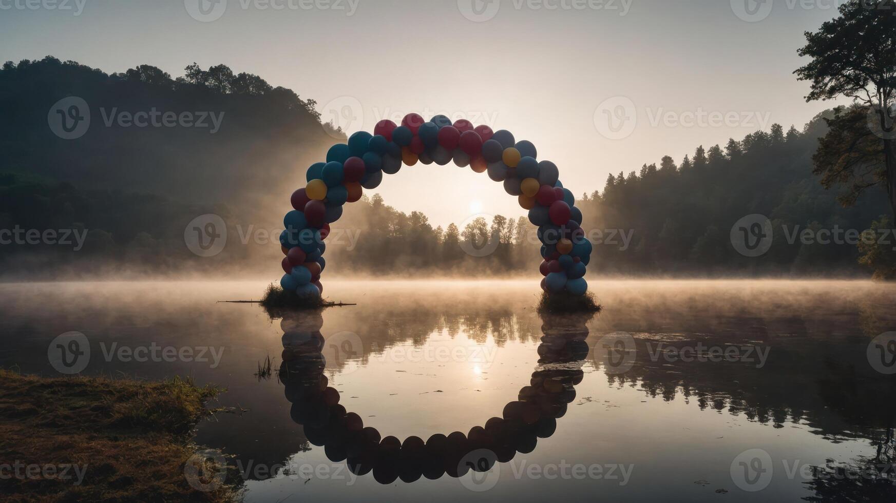 A colorful balloon arch reflected in a serene lake at sunrise, creating a whimsical atmosphere. photo