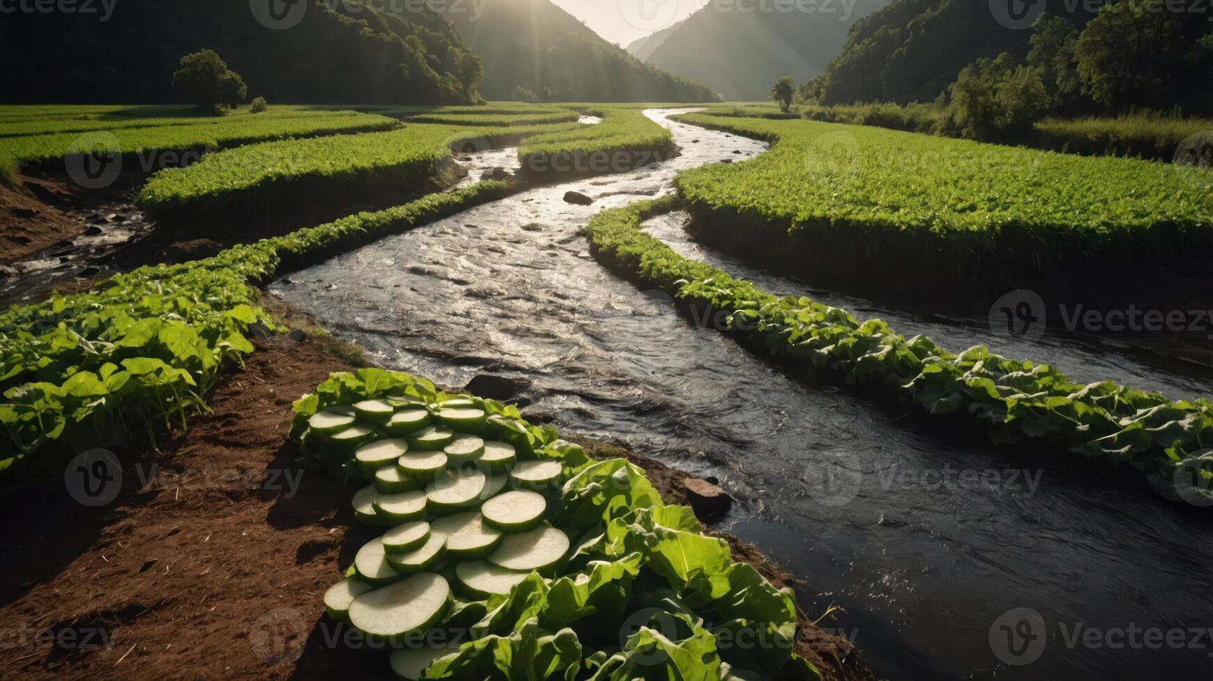 A serene landscape featuring a winding river surrounded by lush green fields. photo