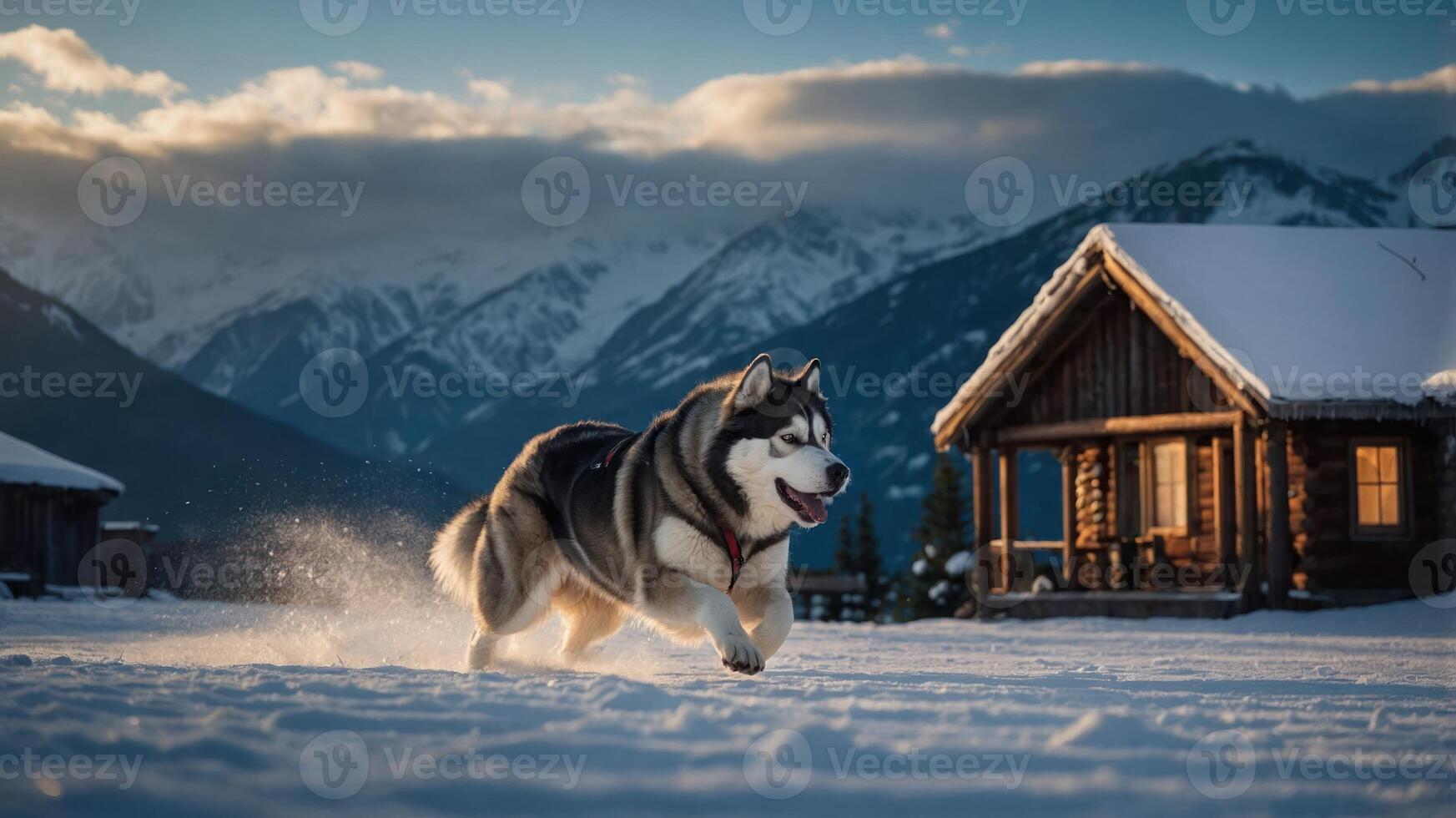 A happy dog running through snowy terrain near a cozy cabin in a mountainous landscape. photo