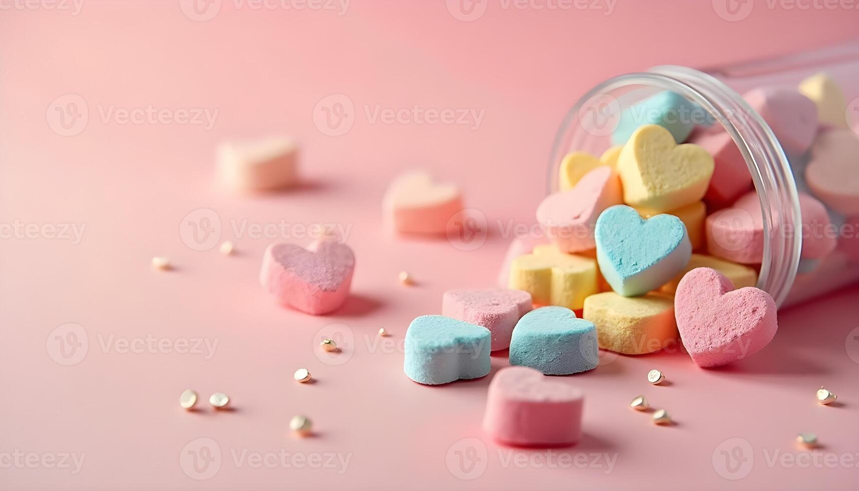 Multi color heart shaped marshmallow candies falling out from jar photo