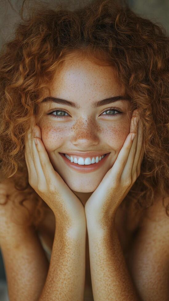 Smiling young woman with curly hair and freckles expressing joy in a natural setting photo