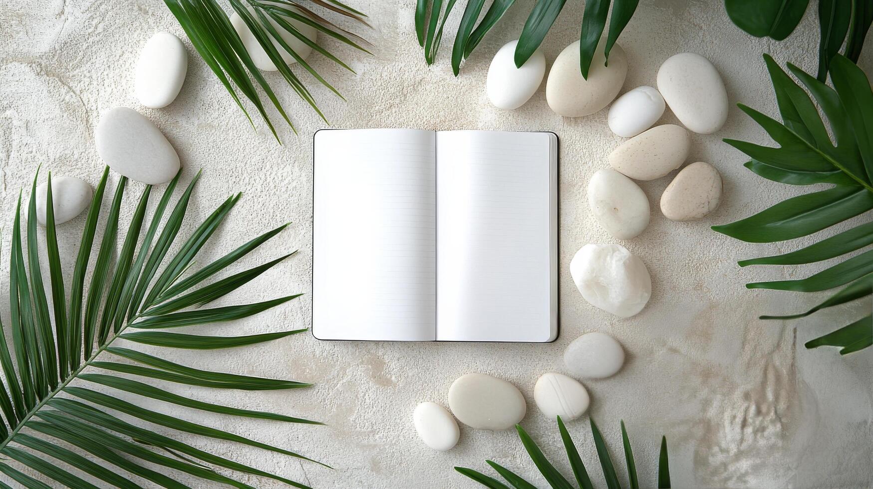 Natural arrangement of pebbles and greenery with a blank canvas ideal for creative ideas photo