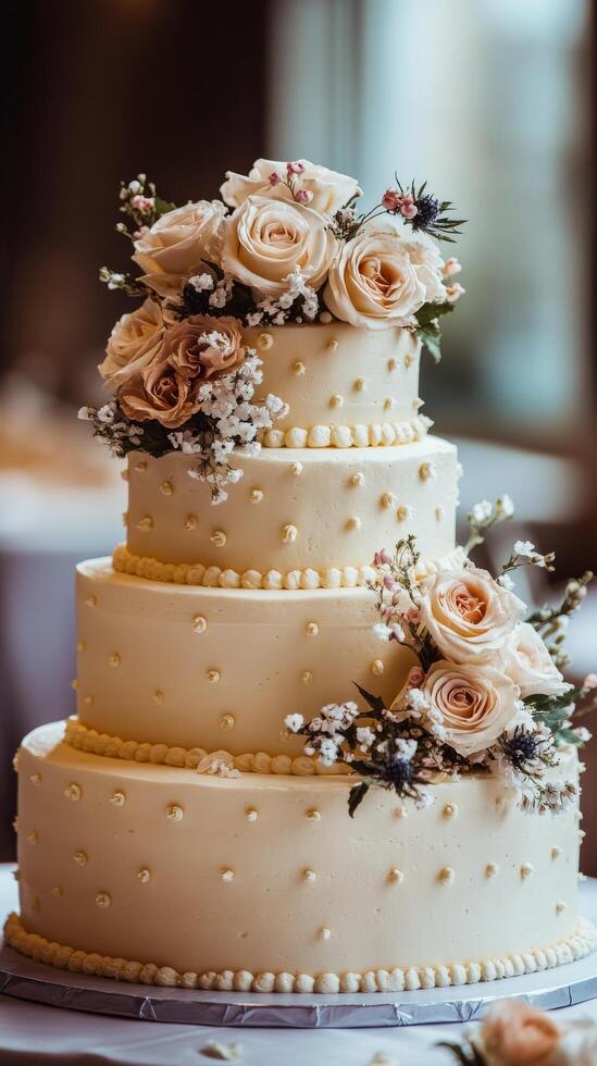 Elegantly decorated cake with floral accents at a grand celebration in an elegant venue photo