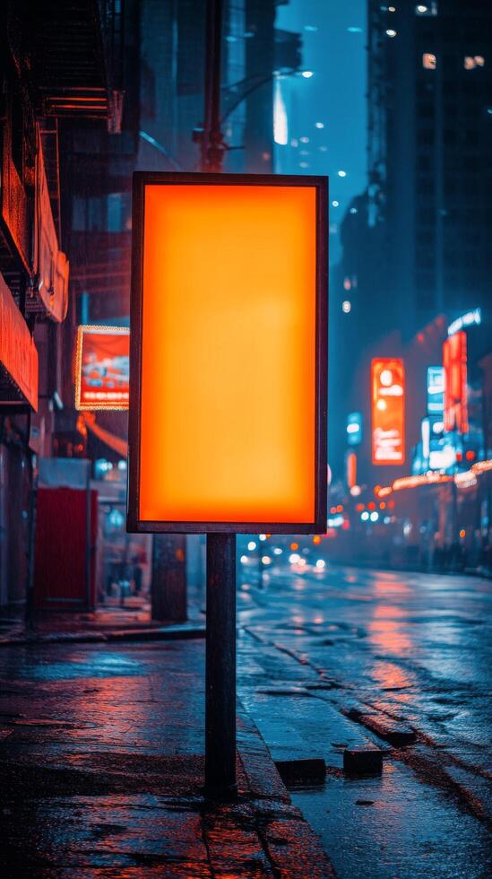 Bright billboard stands alone in a vibrant city at night with glowing lights and colorful buildings photo
