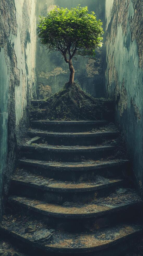 Steps leading to a solitary tree amidst misty surroundings in a serene landscape photo