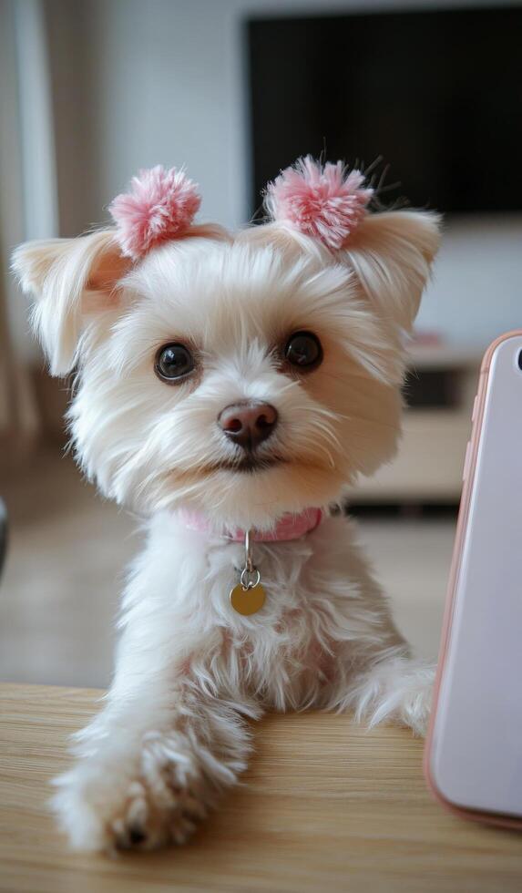 Cute small dog with pink bow headband posing indoors on a blue blanket photo