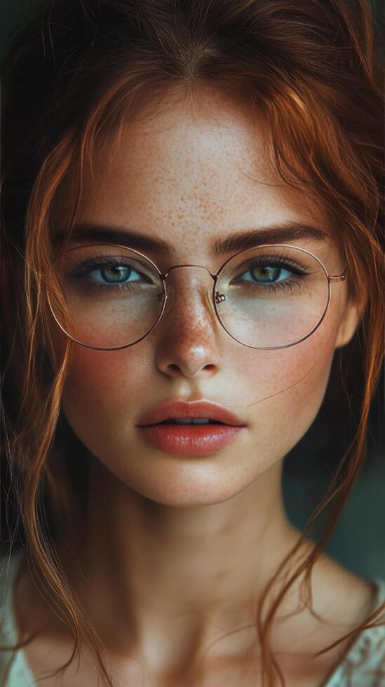 Young woman with glasses and captivating blue eyes in softly lit setting photo