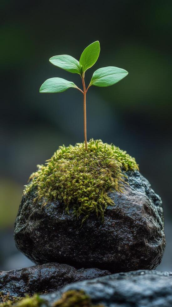 Small plant thriving on a moss-covered rock in a serene natural setting photo