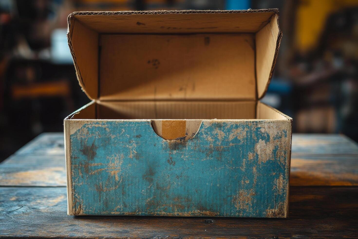 Empty cardboard box placed on a rustic wooden table in a dimly lit room with warm ambient lights photo