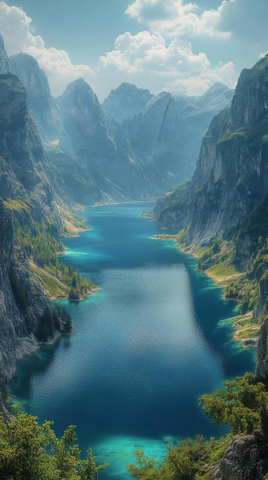 Majestic mountain landscape with lush greenery and a tranquil lake photo