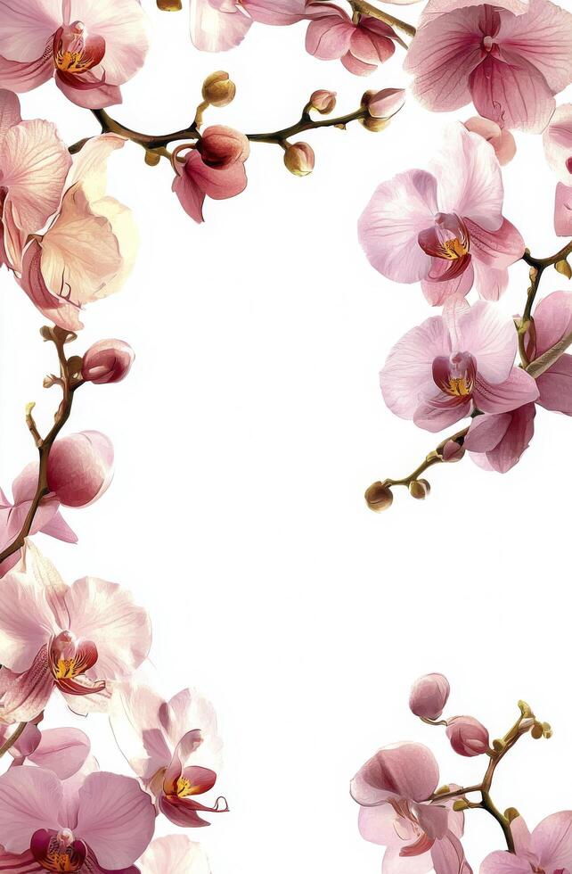 Pink orchid flowers arranged artistically on a white surface creating a beautiful frame for design purposes photo