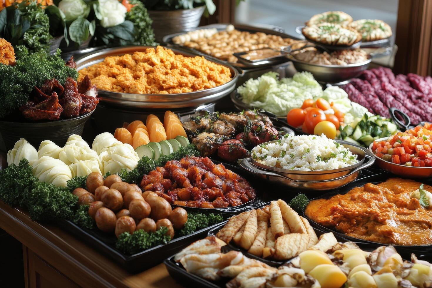 Vibrant assortment of fresh foods displayed on wooden table at local gathering during daylight hours photo
