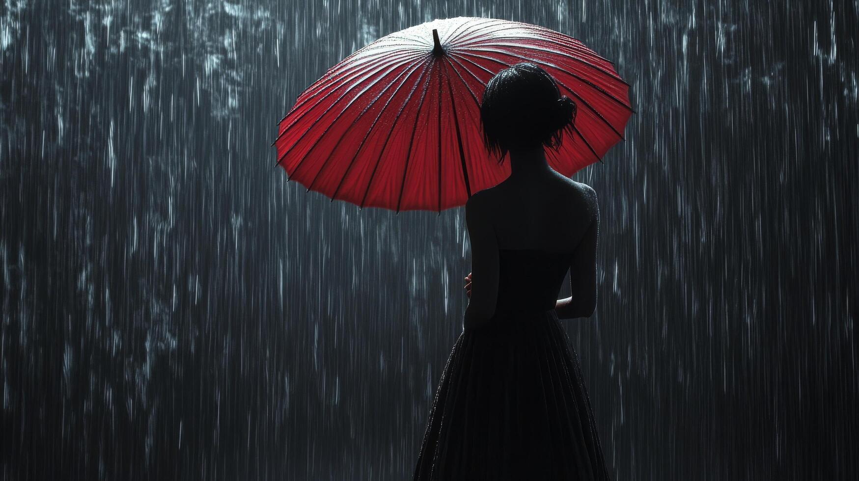 Woman holding a red umbrella in the rain during a nighttime setting photo