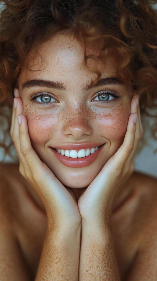 Smiling young woman with curly hair and freckles expressing joy in a natural setting photo