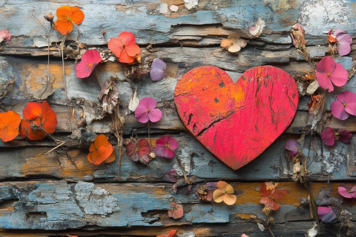 Red knitted heart on rustic wooden background evokes feelings of love and warmth photo