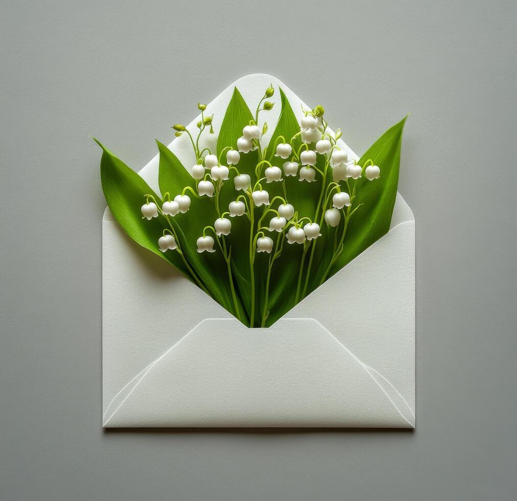 Beautiful arrangement of lily of the valley flowers in an open white envelope on a gray background photo