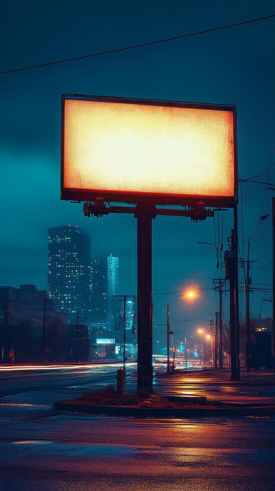 Bright billboard stands alone in a vibrant city at night with glowing lights and colorful buildings photo