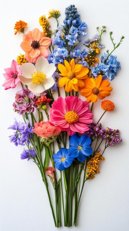 Colorful floral arrangement with various blooms on a white background in natural light photo