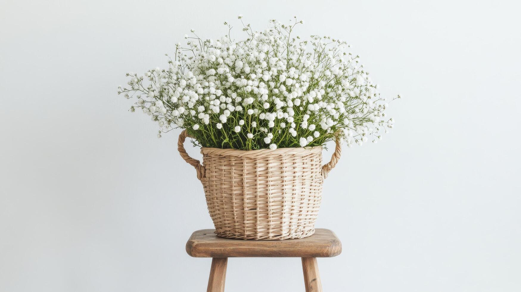 Beautiful white flowers in a woven basket on a wooden stool, perfect for home decor in a minimalist setting photo