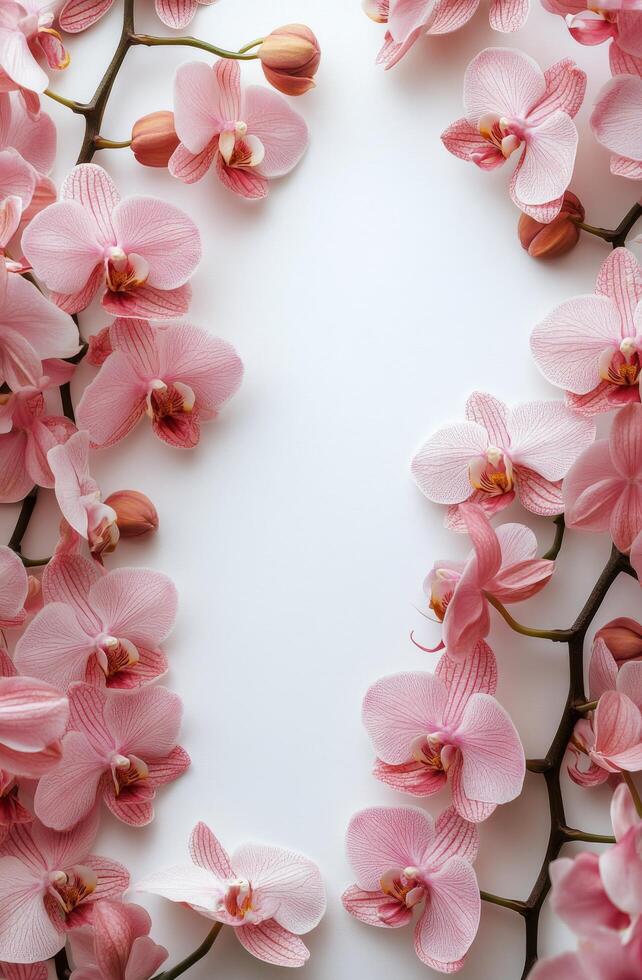 Pink orchid flowers arranged artistically on a white surface creating a beautiful frame for design purposes photo
