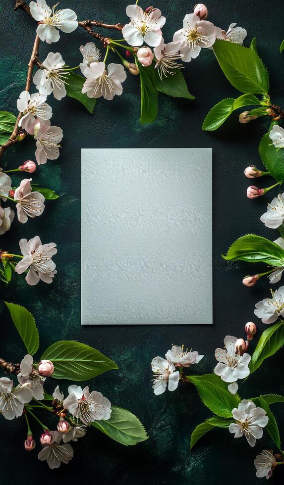 Elegant floral arrangement featuring blank space for notes or messages on dark background photo
