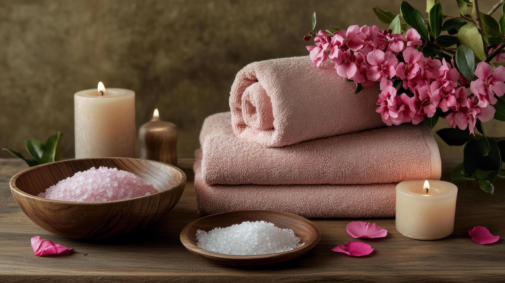 Relaxing spa setup with candles, towels, and salt on a wooden table in a tranquil setting photo