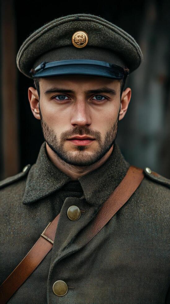 Soldier in vintage military uniform posing with serious expression in natural light photo